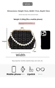 Detailed size guide for tweed shell bag showing dimensions and daily item capacity
