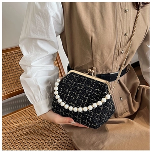 Detail of tweed shell bag with pearl handle and golden chain strap on a vintage model