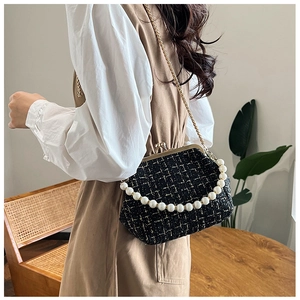 Detail of tweed shell bag featuring pearl handle, gold chain, and metal clasp closure