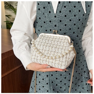 Detail of tweed shell bag featuring vintage metal clasp and elegant pearl handle strap