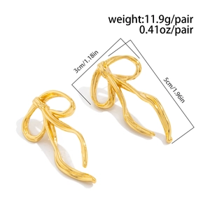 Detailed view showing gold bow-shaped ribbon earrings dimensions 3cm width 5cm height