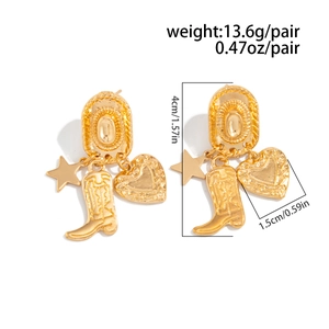 Detail of western cowboy gold earrings with star, boot, and heart charms with dimensions