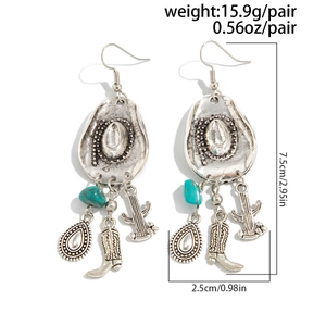 Detailed size specifications for western cowboy hat and boot earrings with faux turquoise