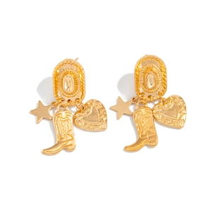 Golden Western cowboy style earrings featuring star, boot, and heart charms on white background