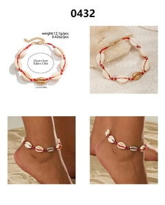 Bracelet de cheville bohème ajustable en coquillages avec cordon rouge et détails dorés