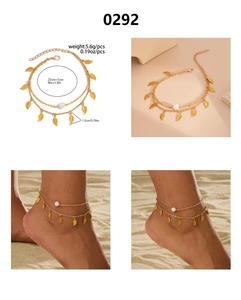 Chevillère dorée à deux rangs avec pendentifs feuilles, perle et détails de dimensions