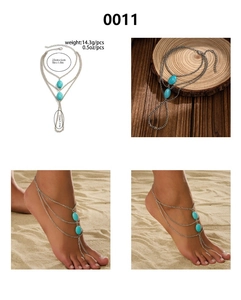 Détails d'une chevillère bohème à plusieurs couches avec pierres turquoises