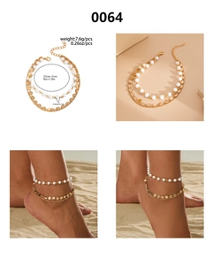 Bracelet de cheville double couche avec perles blanches et disques dorés avec dimensions