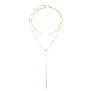 Collana a Y a doppio strato dorata con eleganti perle bianche per un look minimalista chic