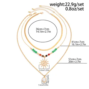 Detailed size specifications for triple-layered sun and pearl pendant necklace set