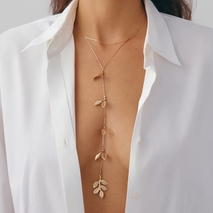 Collana Lunga A Forma Di Y In Lega Eleganti Ciondoli A Foglia Nappa Catena Multistrato Gioielli Da Donna