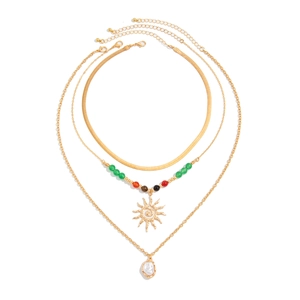 Three-layer gold sun pendant necklace with agate beads and baroque pearl snake chain