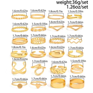 Guide des tailles pour ensemble de 24 bagues dorées avec torsades et perles