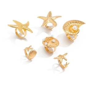 Gold ocean theme ring set with starfish shells and pearls 6-piece adjustable jewelry set