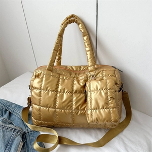 Metallic Quilted Puffer Tote Bag For Women Large Space Cotton Shoulder Crossbody Bag With Mini Pouch Casual Fashion Handbag