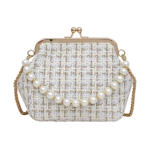 Elegant tweed shell bag with pearl handle and golden chain for women in white and gold