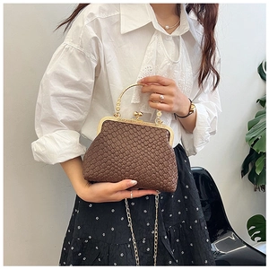 Close-up of brown woven texture shell bag with golden kiss-lock clasp and metal handle