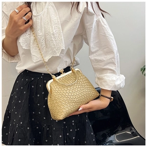 Detail of golden woven shell bag with metal clasp and detachable chain shoulder strap