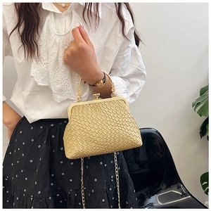 Macro detail of champagne gold woven shell bag with vintage metal clasp and handle