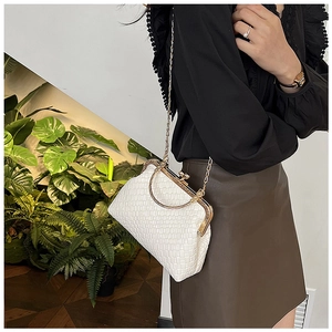 Close-up of white woven shell bag with gold metal clasp and elegant chain strap