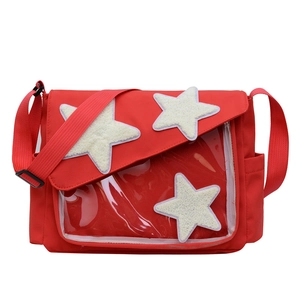 Borsa a tracolla rossa in tela con stelle di peluche e finestra in PVC trasparente