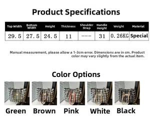 Detailed size chart for the plaid tote bag showing dimensions and five handle color options