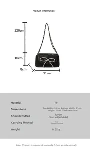 Detaillierte Größenangaben der schwarzen PU-Handtasche mit Schleife und Kettenriemen