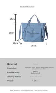 Detailed dimension guide for blue canvas multi-pocket tote bag with adjustable strap