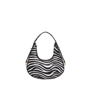 Stylish zebra print hobo bag in faux leather with crescent shape and gold zipper detail