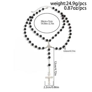 Detailed technical diagram of double-layer black beaded cross necklace with measurements