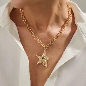 Women Minimalist Alloy Star Pendant Necklace Chunky Aluminum Iron Chain Gold Silver Plated Toggle Clasp Fashion Jewelry