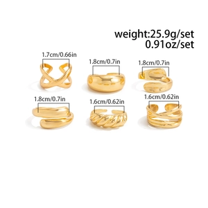 Detail view of 6 gold geometric rings with weights and dimensions for stacked styling