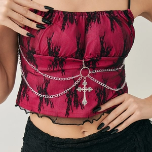 Gothic Y2K red crop top with black lace, layered metal chains and cross pendant