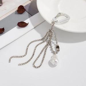 Silver rhinestone chain tassel keychain with baroque pearl and metallic ball chain