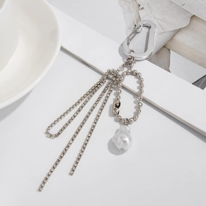 Silver Artificial Baroque Pearl Rhinestone Tassel Keychain Alloy Geometric Chain Bag Hanging Accessory For Women Sweet Cool Style
