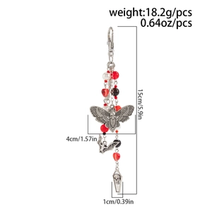 Gothic keychain with moth skull, bat and coffin charms including detailed dimensions