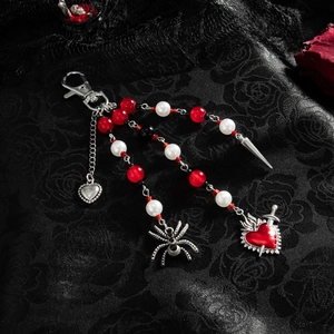 Gothic beaded keychain with silver heart, spider charms, and sword piercing red heart detail