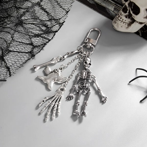 Gothic silver metal keychain with skull and ghost charms for Halloween accessories