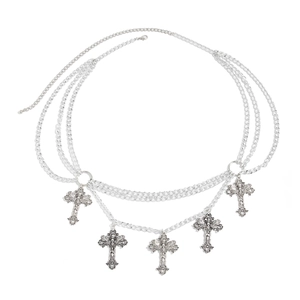 Gothic multi-layer silver metal waist chain with five engraved cross pendants for women