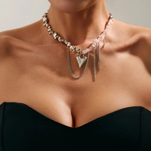 Collana Asimmetrica Con Ciondolo A Cuore Lega CCB Pietra Perle Irregolari Frangia Nappa Catena Punk Gothic Gioielli Donna