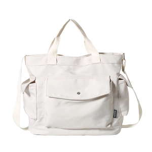 Off-white nylon large capacity tote bag with multi-pockets and shoulder strap