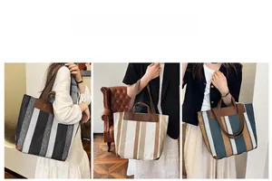 Borse tote a righe verticali con manici in pelle nei colori nero, kaki e blu-giallo