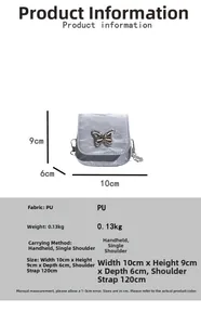 Guida alle taglie della mini borsa argento con farfalla, dimensioni 10x9x6cm e materiale PU