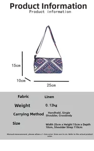 Dettaglio della borsa a secchiello in lino con dimensioni indicate 25x15x10cm