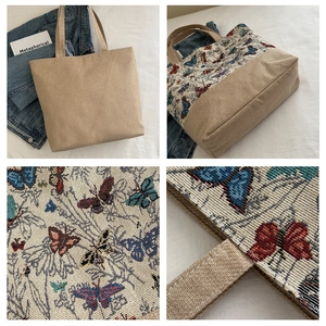 Dettagli della borsa in lino con motivi jacquard a farfalla e trama del tessuto