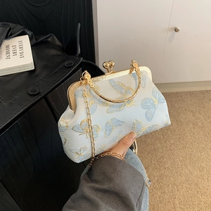 Borsa A Mano In Raso Ricamo Farfalla Vintage Chiusura A Bacio Cornice In Metallo Banchetto Borsa A Tracolla Con Catena Donna