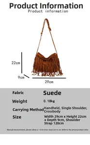 Tabella taglie dettagliata per borsa bohémien con nappe in camoscio e misure complete