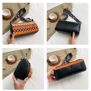 Dettagli della borsa a secchiello boho con ricami etnici e finiture in pelle in quattro viste