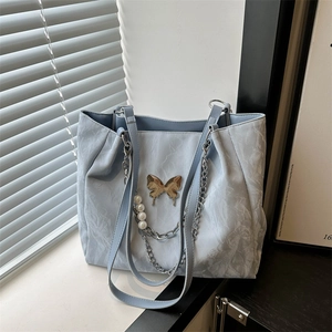 Sac À Main Fourre-Tout Femme PU Cuir Texture Plissée Papillon Charme Métallique Chaîne Künstliche Perles Grande Capacité