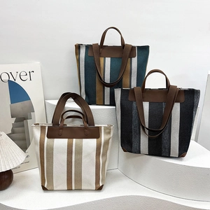 Borsa tote retrò a quadri con manici in pelle e design a strisce verticali spaziosa